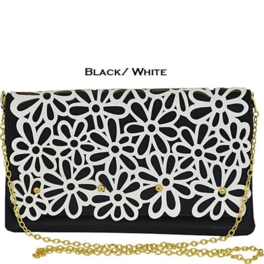Black & White Daisy Floral Vegan Leather Clutch